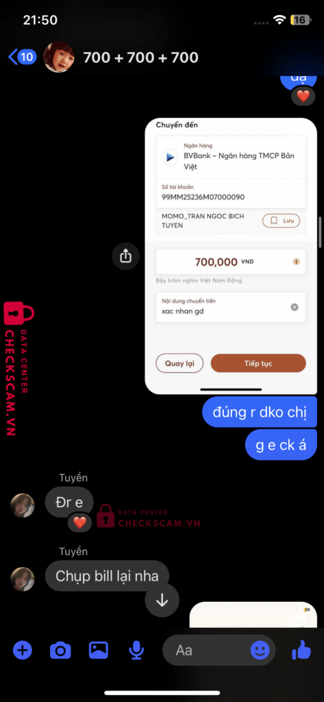 99MM25236M07000090 Tran Ngoc Bich Tuyen BV BANK bị cảnh báo lừa đảo scam
