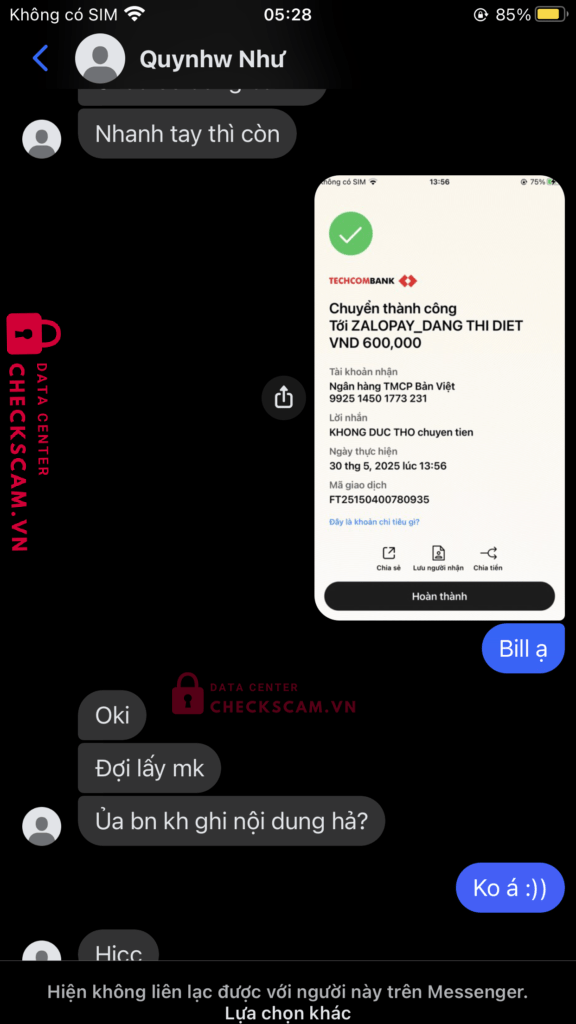 99ZP25145M01773231 Dang Thi Diet BV Bank bị cảnh báo lừa đảo scam