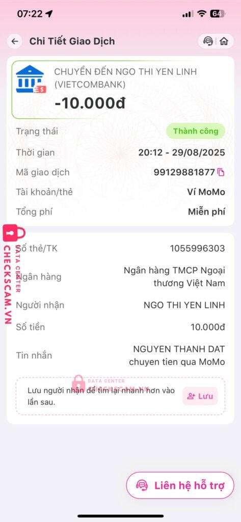 1055996303 Ngo Thi Yen Linh VCB bị cảnh báo lừa đảo scam