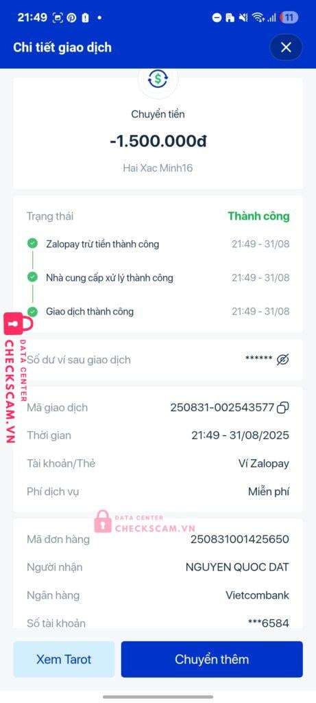 9345536584 Nguyen Quoc Dat VCB bị cảnh báo lừa đảo scam