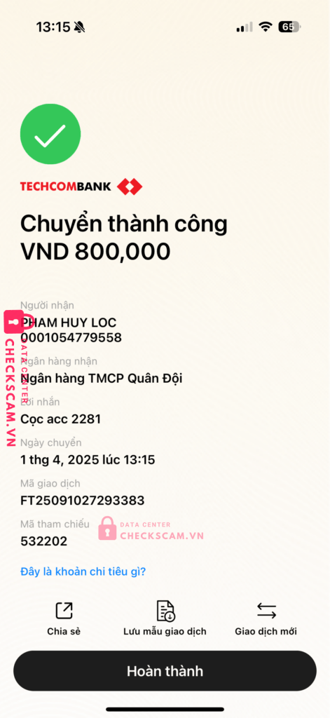 0001054779558 Pham Huy Loc MB bị cảnh báo lừa đảo scam