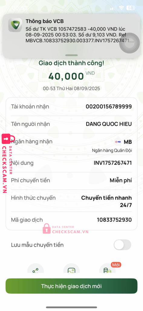 00200156789999 Dang Quoc Hieu MB bị cảnh báo lừa đảo scam