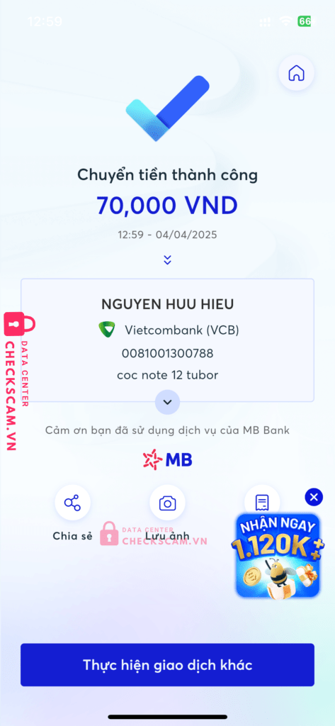 0081001300788 Nguyen Huu Hieu VCB bị cảnh báo lừa đảo scam