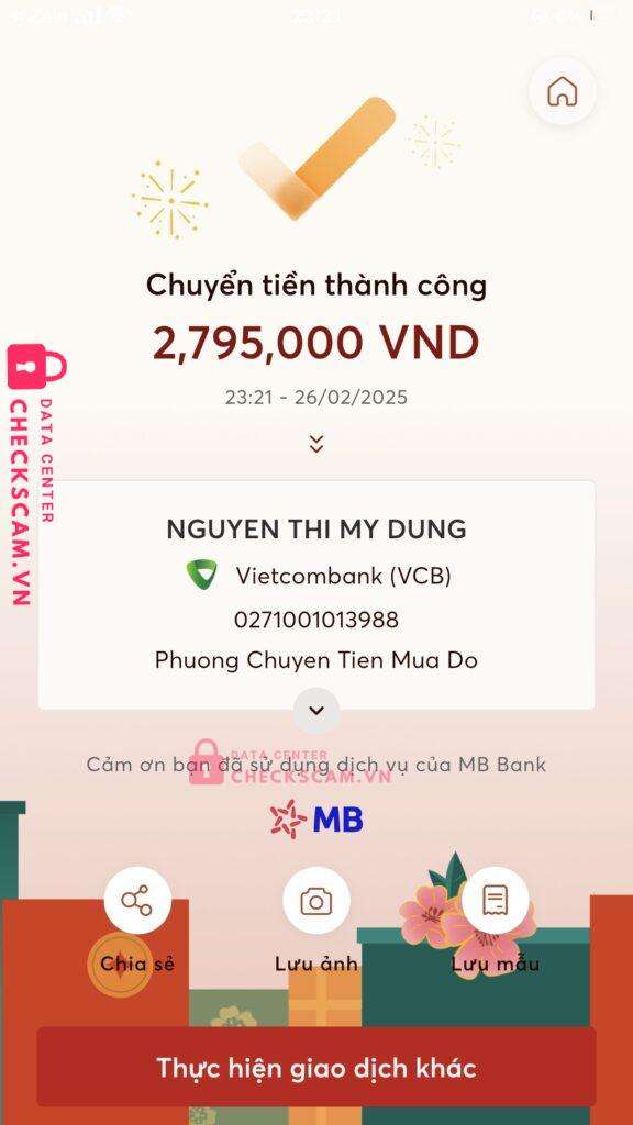 0271001013988 Nguyen Thi My Dung VCB bị cảnh báo lừa đảo scam
