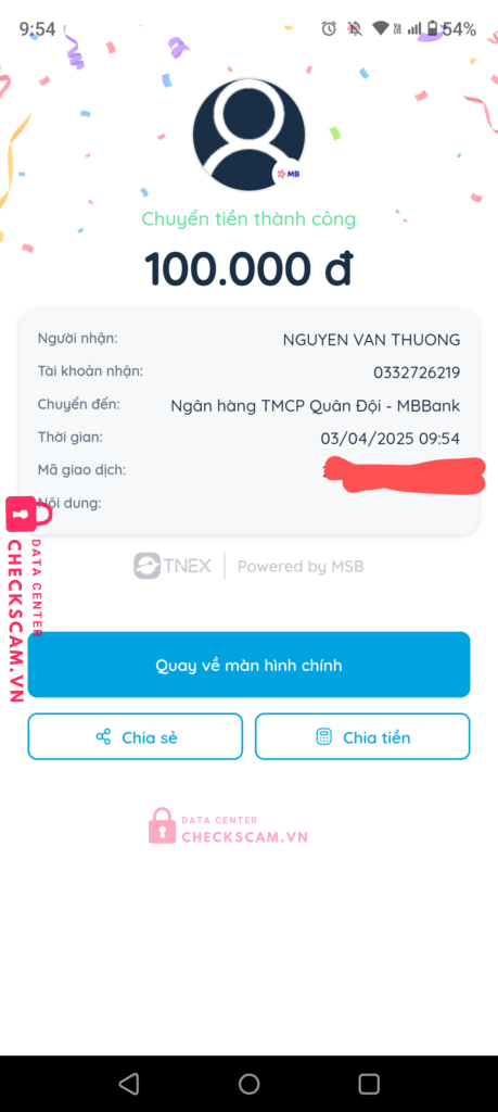 0332726219 Nguyen Van Thuong MB bị cảnh báo lừa đảo scam