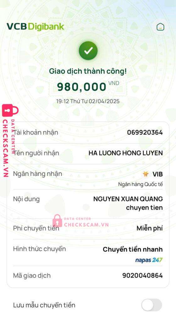 069920364 Ha Luong Hong Luyen VIB bị cảnh báo lừa đảo scam