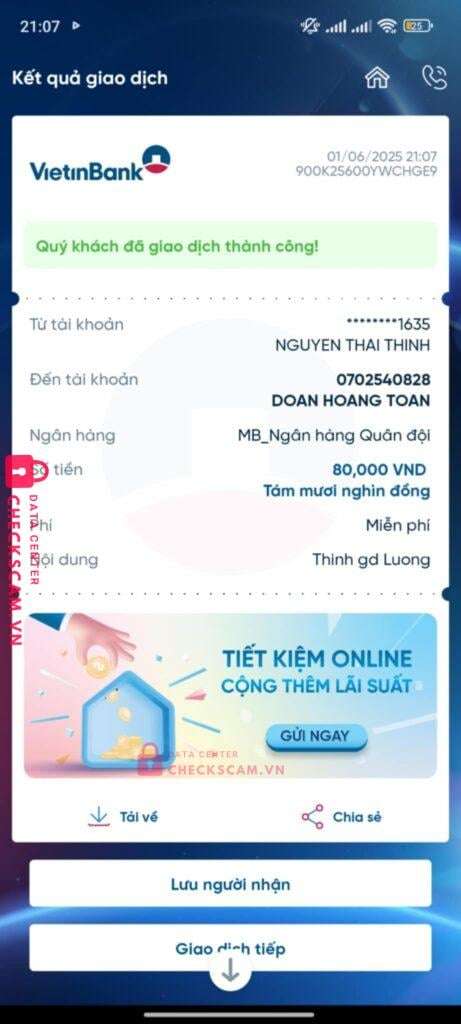 0702540828 Dang Hoang Toan MB bị cảnh báo lừa đảo scam