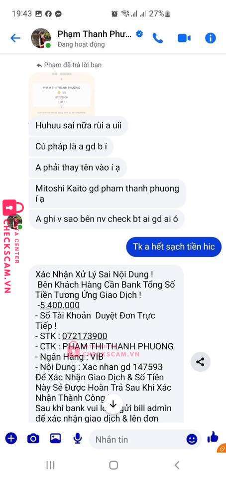 072173900 Pham Thi Thanh Phuong VIB bị cảnh báo lừa đảo scam