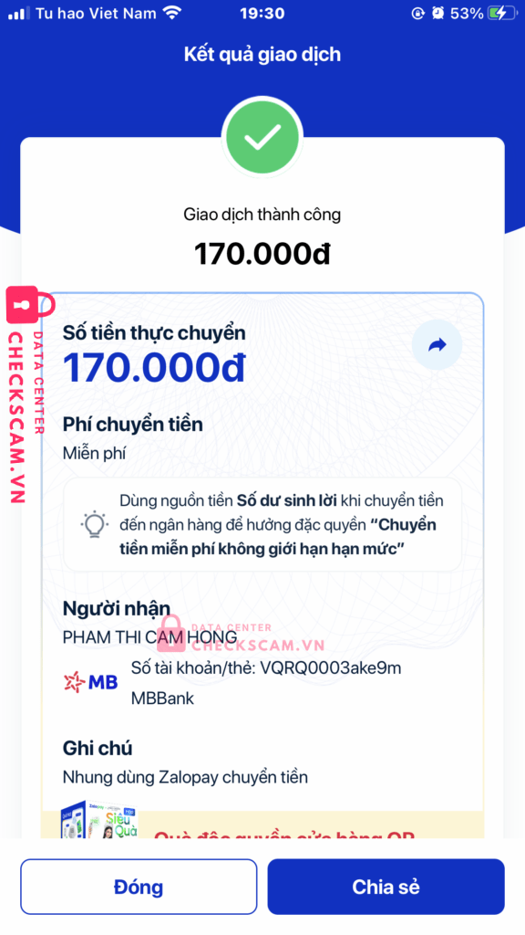 0799645858 Pham Thi Cam Hong MB bị cảnh báo lừa đảo scam