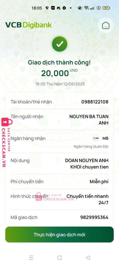 0988122108 Nguyen Ba Tuan Anh MB bị cảnh báo lừa đảo scam