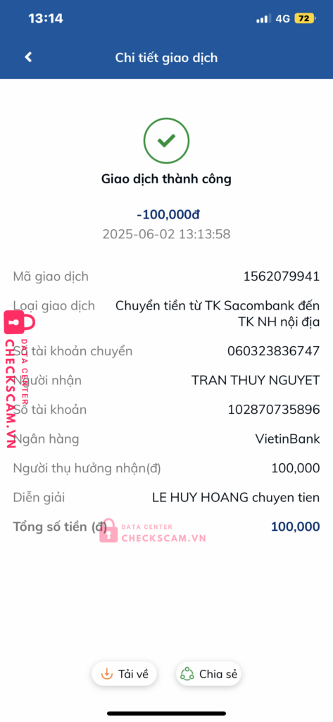 102870735896 Tran Thuy Nguyet Vietinbank bị cảnh báo lừa đảo scam