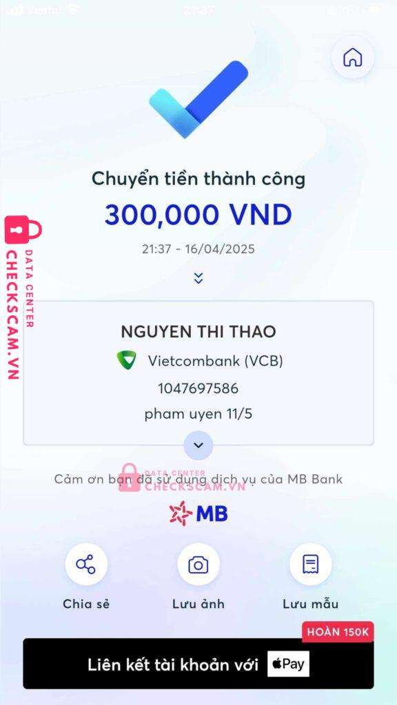 1047697586 Nguyen Thi Thao VCB bị cảnh báo lừa đảo scam