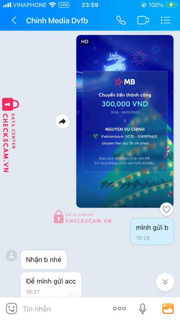 1049976631 Nguyen Vu Chinh VCB bị cảnh báo lừa đảo scam