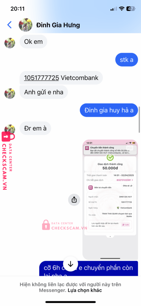 1051777725 Dinh Gia Huy VCB bị cảnh báo lừa đảo scam