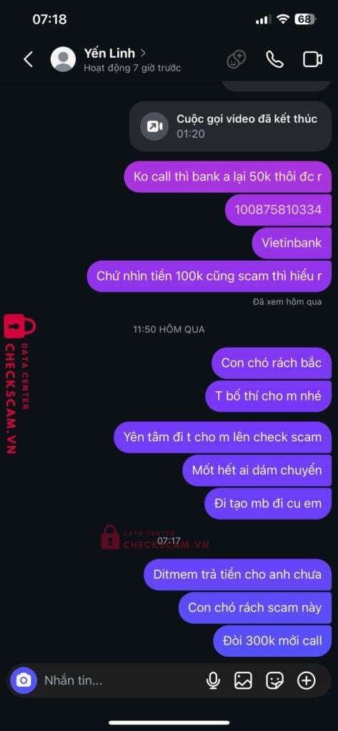 1055996303 Ngo Thi Yen Linh VCB bị cảnh báo lừa đảo scam