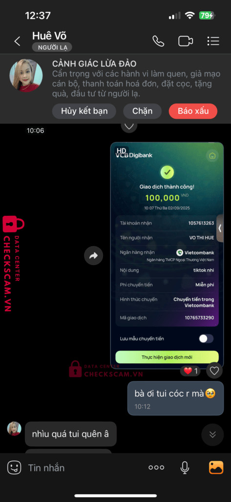 1057613263 Vo Thi Hue VCB bị cảnh báo lừa đảo scam