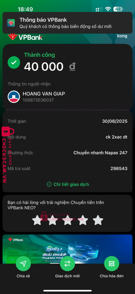 106873536037 Hoang Van Giap Vietinbank bị cảnh báo lừa đảo scam