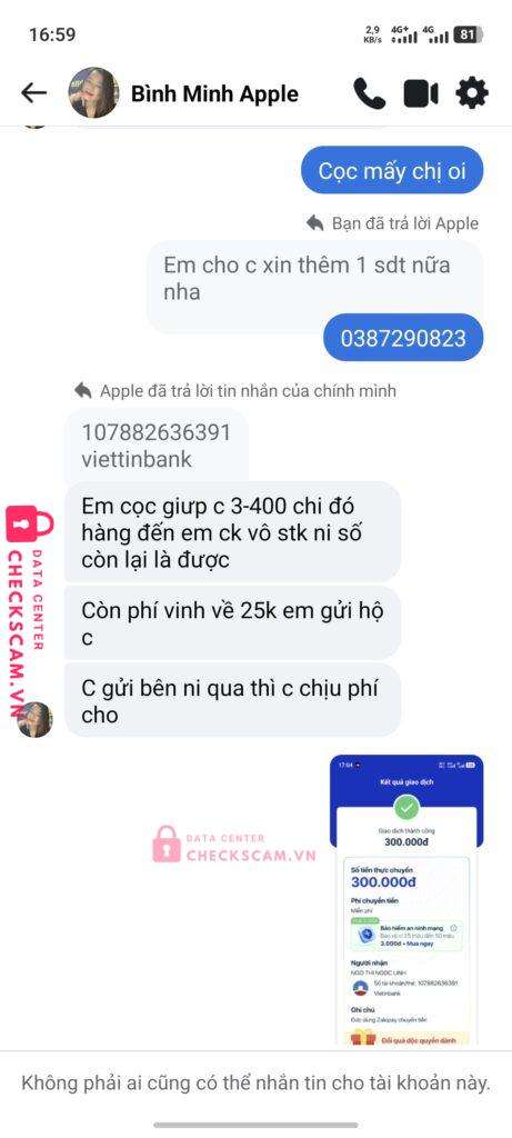 107882636391 Ngo Thi Ngoc Linh Vietinbank bị cảnh báo lừa đảo scam