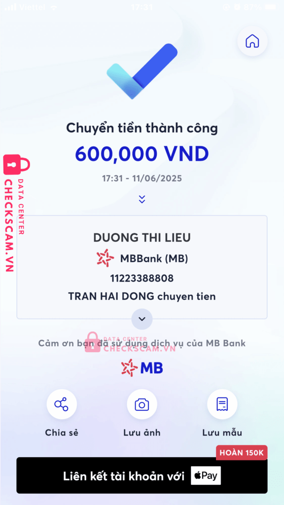 11223388808 Duong Thi Lieu MB bị cảnh báo lừa đảo scam