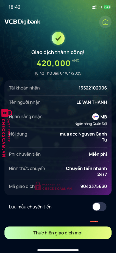 13522102006 Le Van Thanh MB bị cảnh báo lừa đảo scam