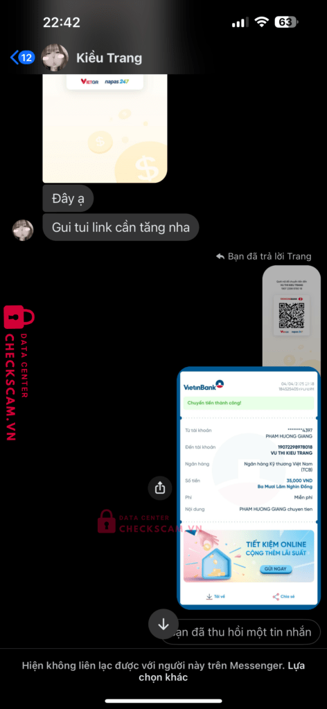 19072298978018 Vu Thi Kieu Trang Techcombank bị cảnh báo lừa đảo scam