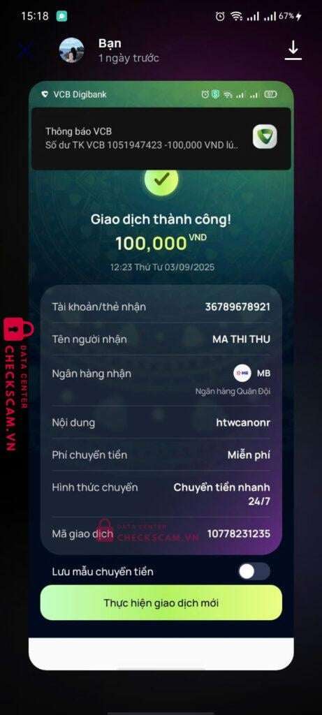 36789678921 Ma Thi Thu MB bị cảnh báo lừa đảo scam