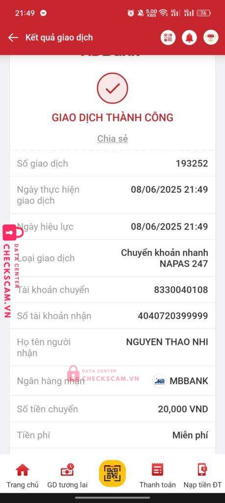 4040720399999 Nguyen Thao Nhi MB bị cảnh báo lừa đảo scam