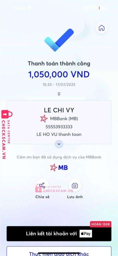 55553933333 Le Chi Vy MB bị cảnh báo lừa đảo scam