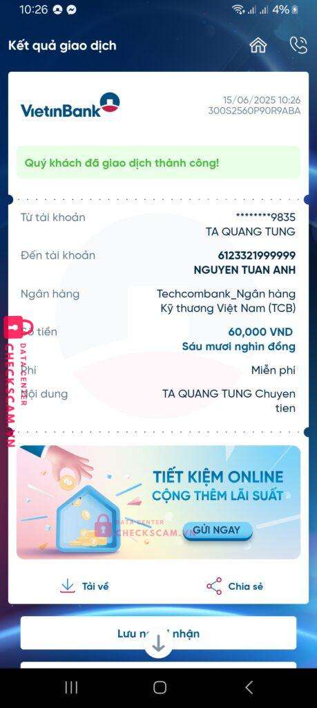 6123321999999 Nguyen Tuan Anh Techcombank bị cảnh báo lừa đảo scam