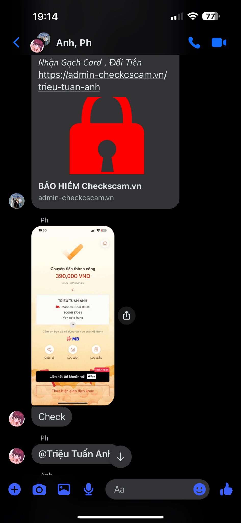 80001887084 Trieu Tuan Anh MSB bị cảnh báo lừa đảo scam