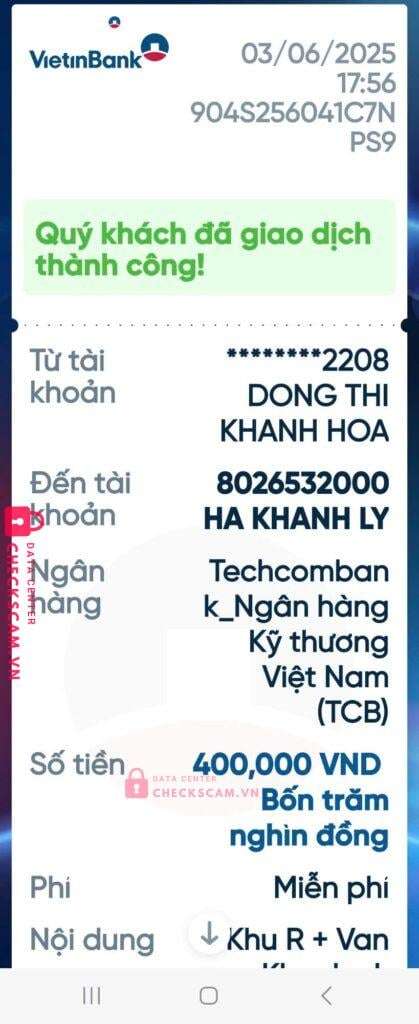 8026532000 Ha Ly Khanh Techcombank bị cảnh báo lừa đảo scam