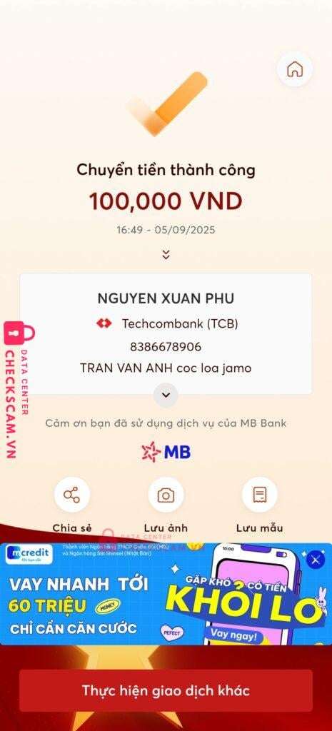 8386678906 Nguyen Xuan Phu Techcombank bị cảnh báo lừa đảo scam