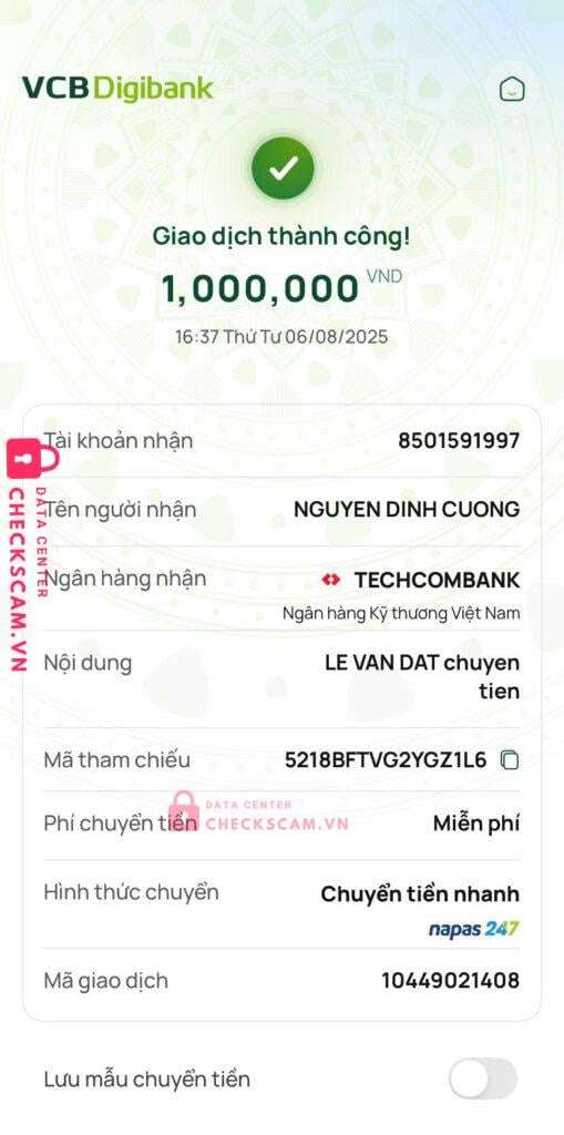 8501591997 Nguyen Dinh Cuong Techcombank bị cảnh báo lừa đảo scam