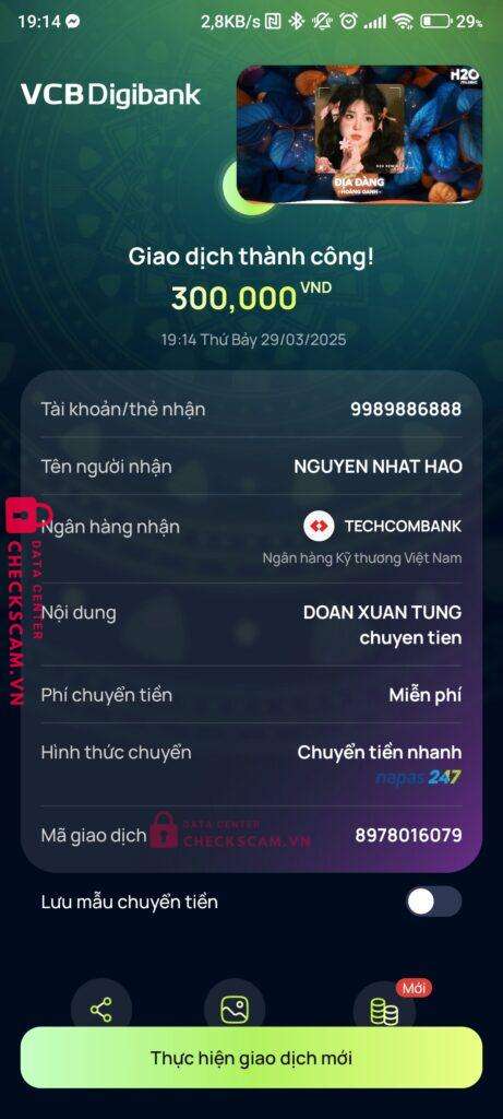 9989886888 Nguyen Nhat Hao Techcombank bị cảnh báo lừa đảo scam