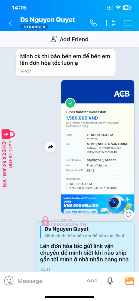 99MM25220M70750848 Nguyen Van Luong BV BANK bị cảnh báo lừa đảo scam