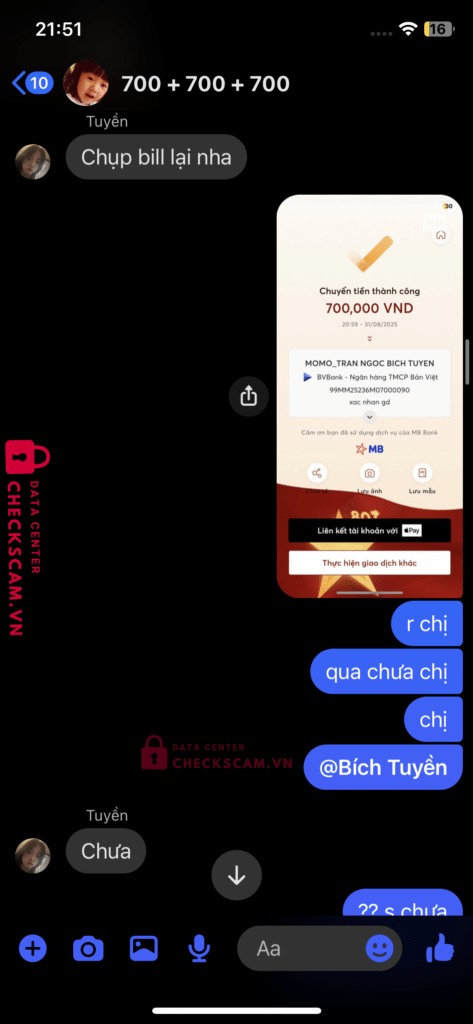 99MM25236M07000090 Tran Ngoc Bich Tuyen BV BANK bị cảnh báo lừa đảo scam