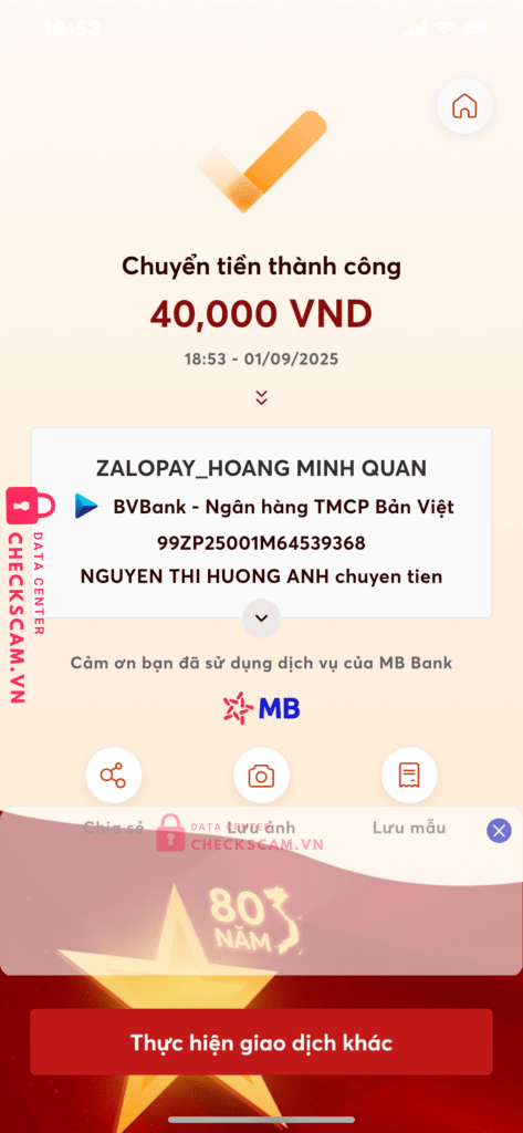 99ZP25001M64539368 Hoang Minh Quan BV BANK bị cảnh báo lừa đảo scam