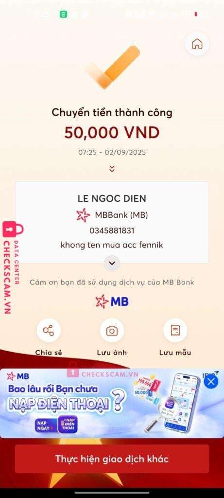 0345881831 Le Ngoc Dien MB bị cảnh báo lừa đảo scam
