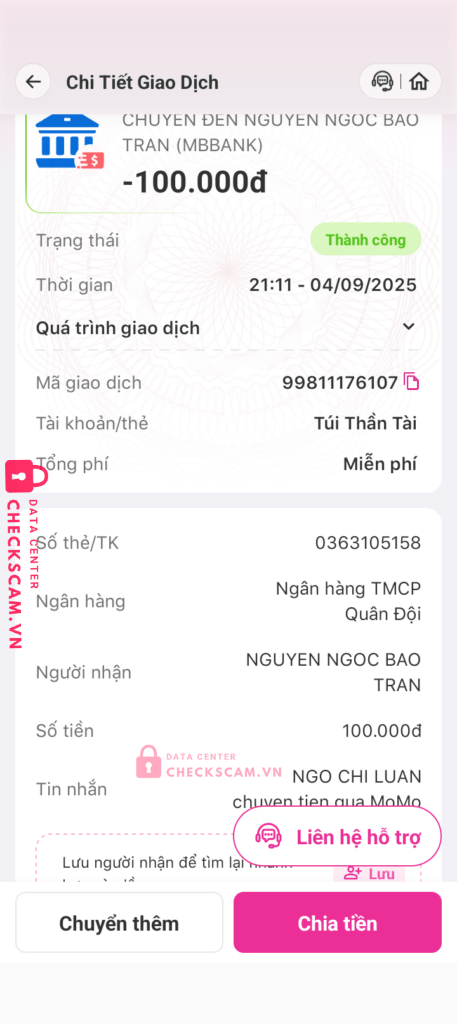 0363105158 Nguyen Ngoc Bao Tran MB bị cảnh báo lừa đảo scam