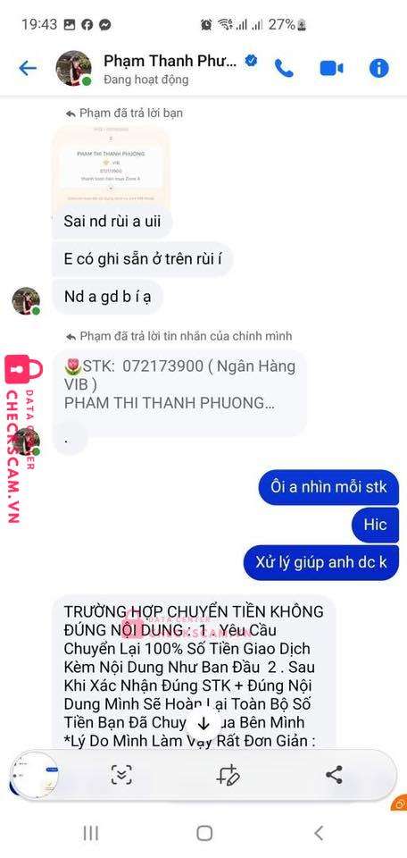 072173900 Pham Thi Thanh Phuong VIB bị cảnh báo lừa đảo scam