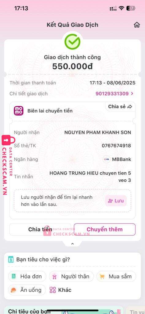 0767674918 Nguyen Pham Khanh Son MB bị cảnh báo lừa đảo scam