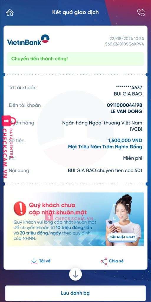 0911000044198 Le Van Dong VCB bị cảnh báo lừa đảo scam