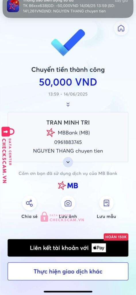 0961883745 Tran Minh Tri MB bị cảnh báo lừa đảo scam