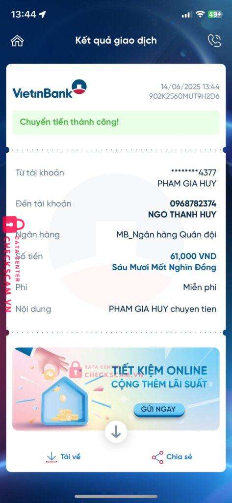 0968782374 Ngo Thanh Huy MB bị cảnh báo lừa đảo scam