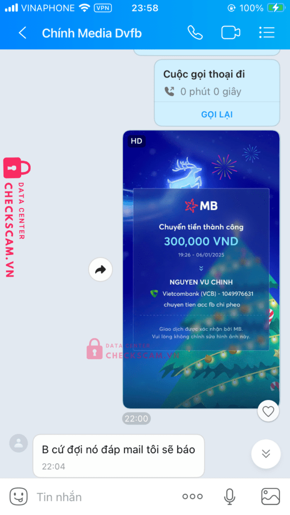 1049976631 Nguyen Vu Chinh VCB bị cảnh báo lừa đảo scam