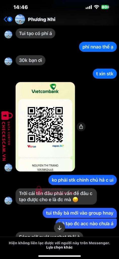 1053852445 Nguyen Thi Trang VCB bị cảnh báo lừa đảo scam