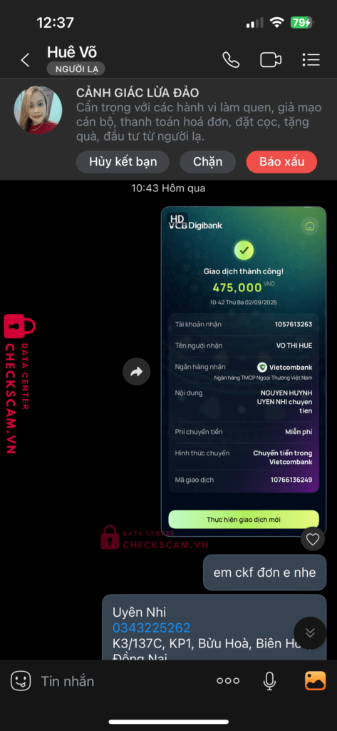 1057613263 Vo Thi Hue VCB bị cảnh báo lừa đảo scam