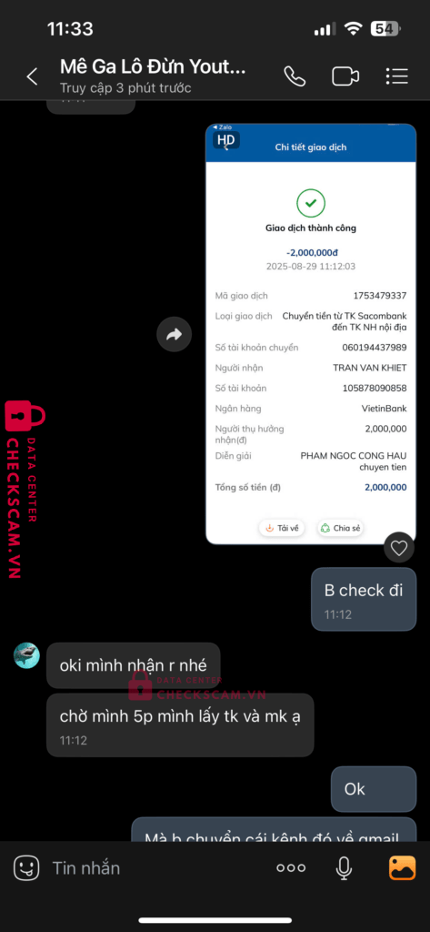 105878090858 Tran Van Khiet Vietinbank bị cảnh báo lừa đảo scam