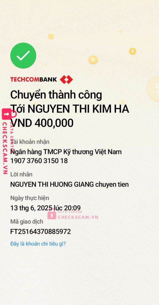 19073760315018 Nguyen Thi Kim Ha Techcombank bị cảnh báo lừa đảo scam