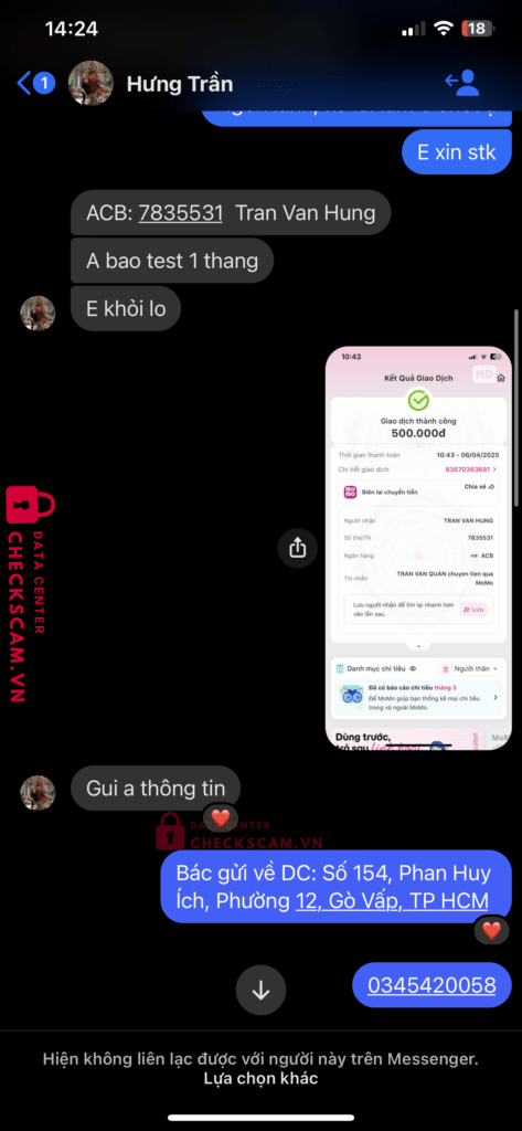 7835531 Tran Van Hung ACB bị cảnh báo lừa đảo scam